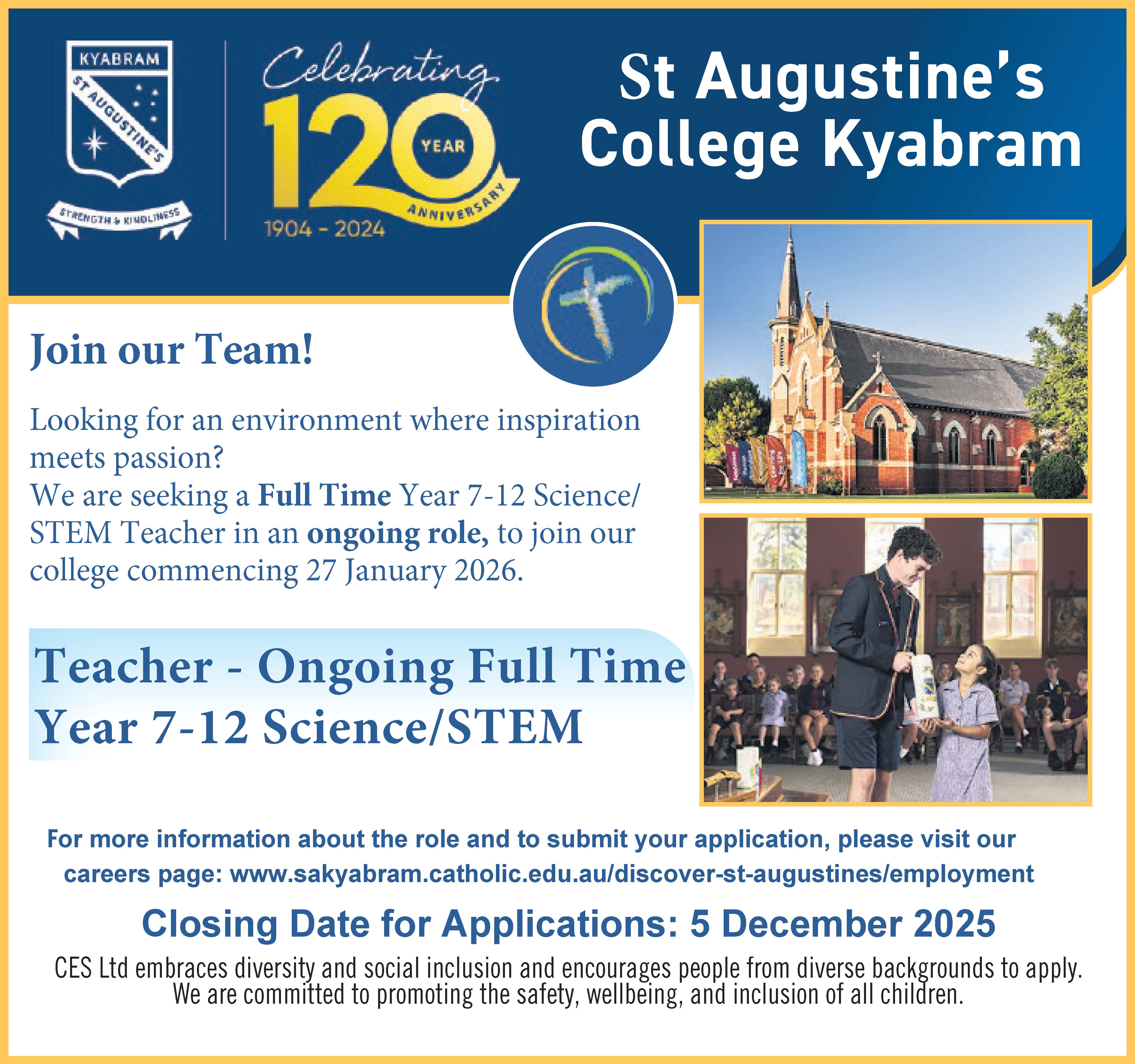 Science - STEM Teaching Position Employment Ad Year 7-12